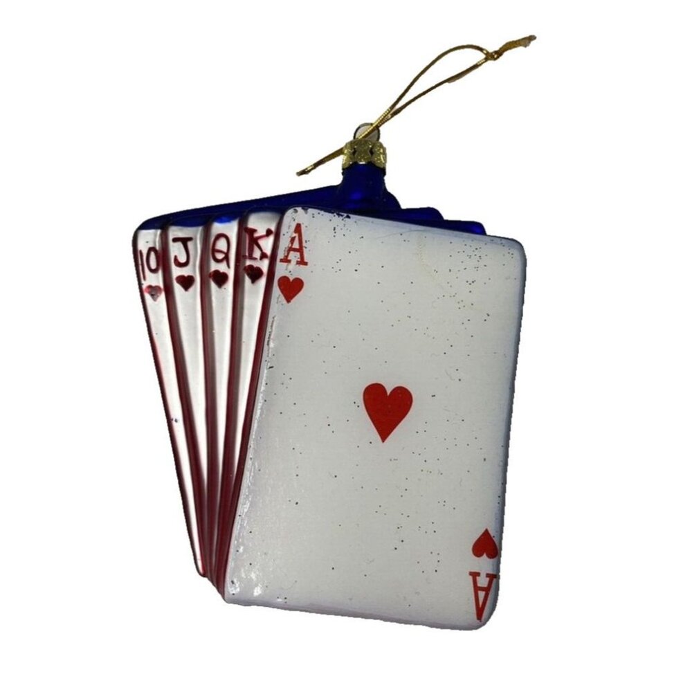 ROYAL FLUSH Hearts Card CASINO POKER GAME GLASS CHRISTMAS ORNAMENT vtg